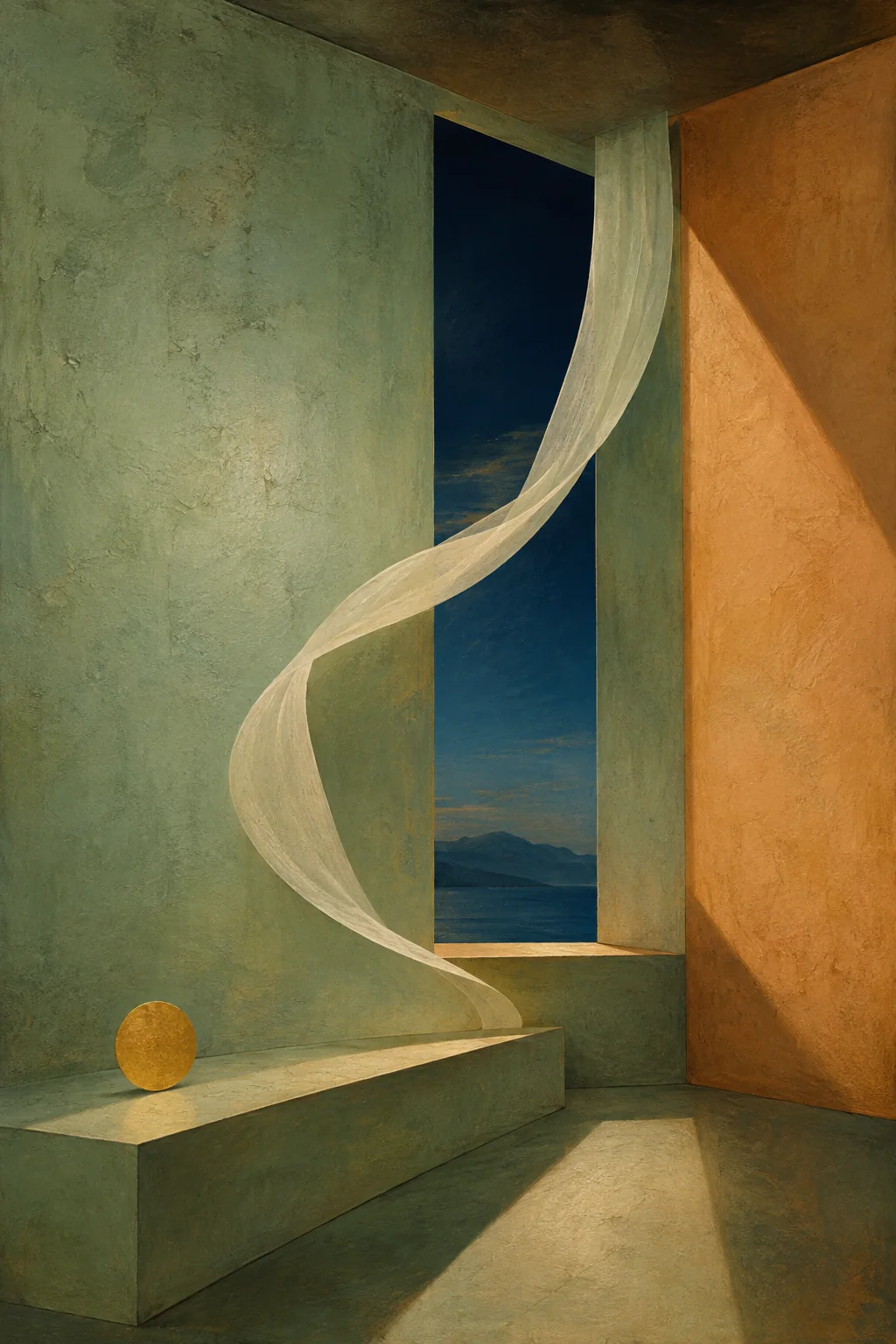 A quiet green and apricot architectural room with an open blue window, a long translucent curtain, and a small golden sphere