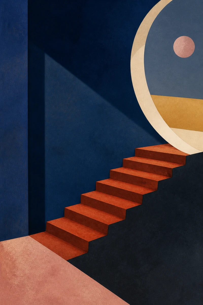 Abstract rose and ochre arches framing a blue passage
