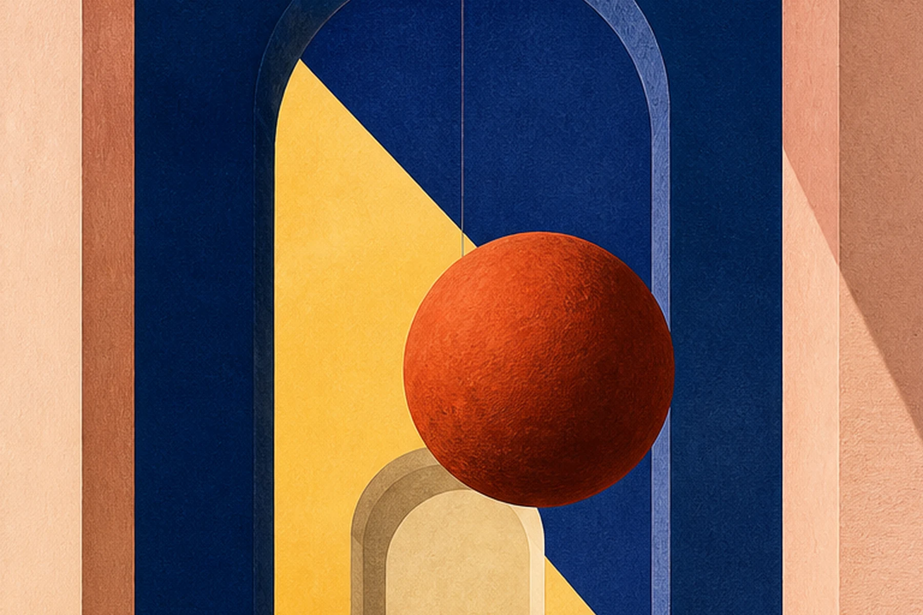 Close crop from the high-resolution Stillness print master showing the layered color and softly textured artwork detail around the red sphere
