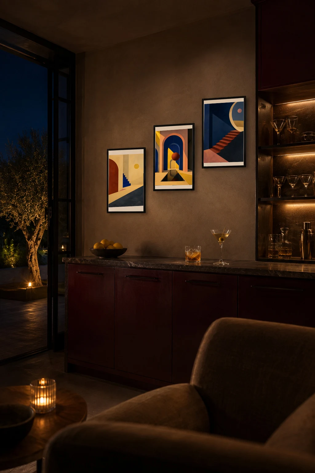 Digital styling study of the undistorted triptych rising across the wall of a dark home bar at night