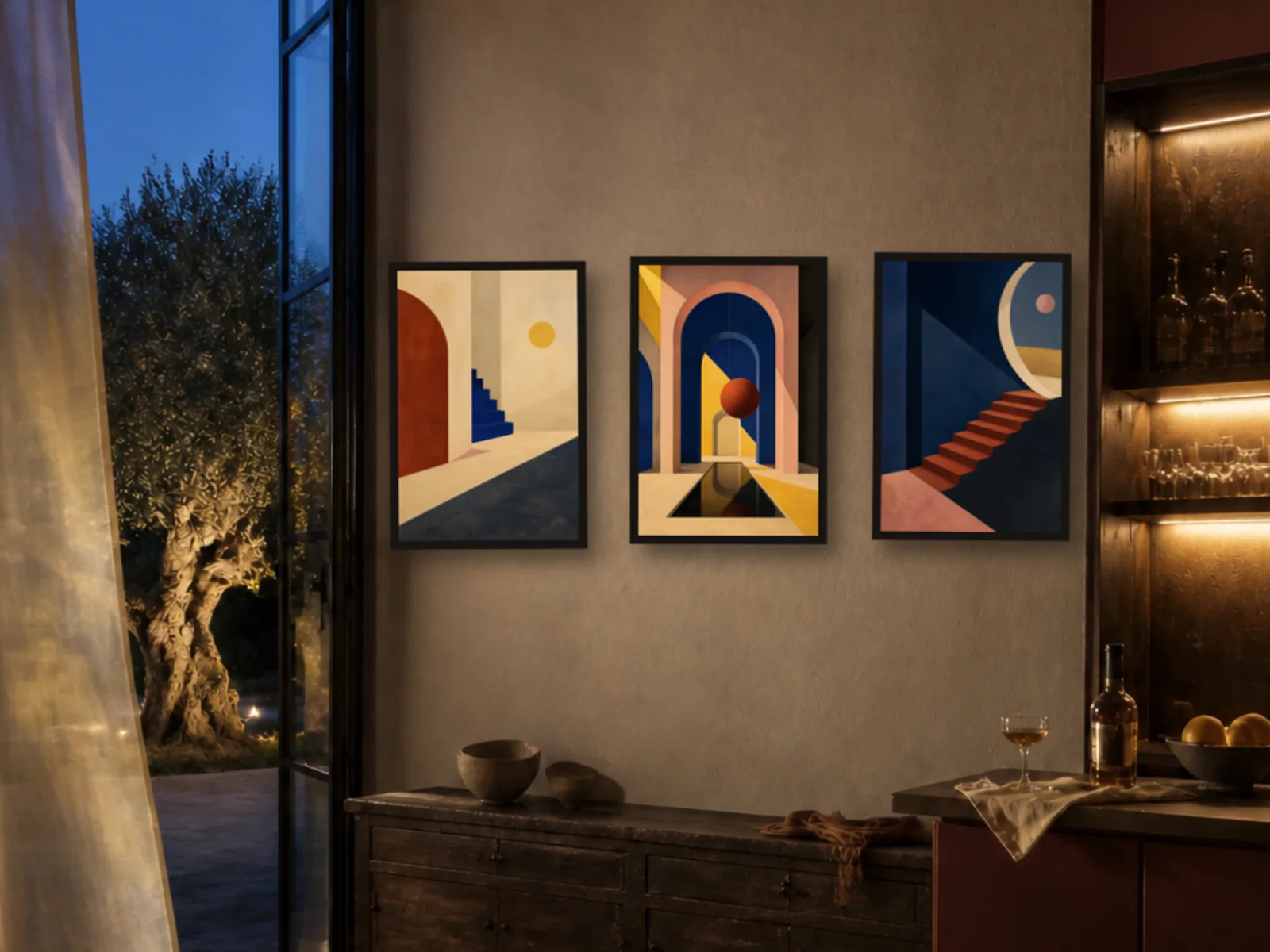 Digital placement mockup of Three Rooms of Light in slim dark frames above a low cabinet at blue hour