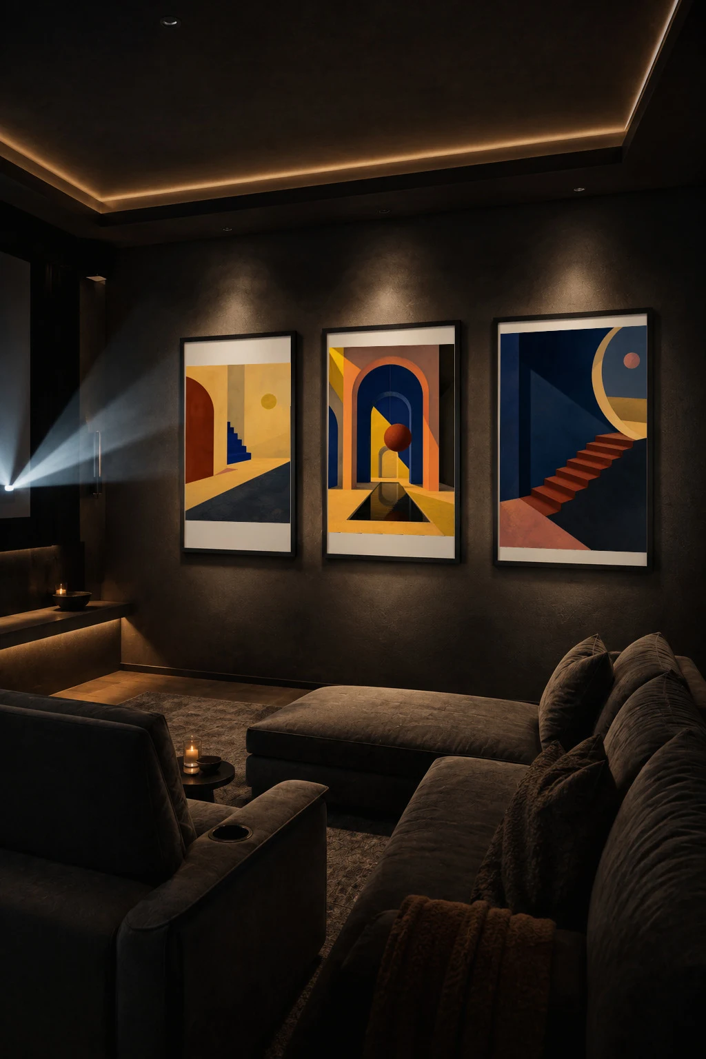 Digital styling study of the undistorted triptych in a dark indoor movie theatre