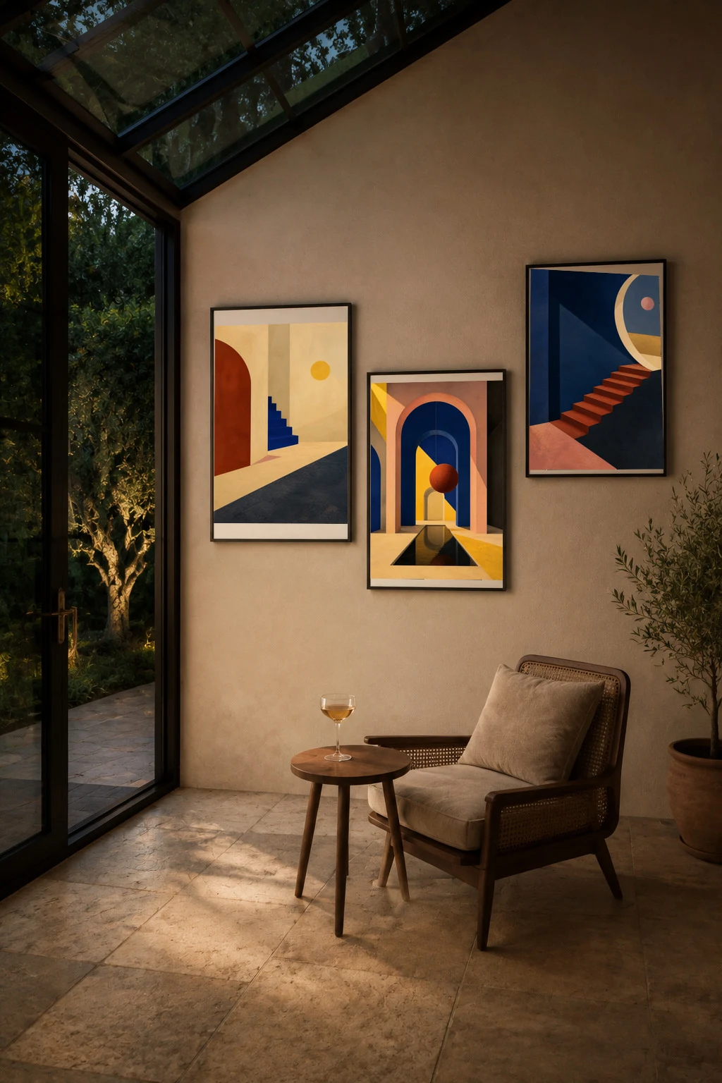 Digital styling study of the undistorted triptych in an asymmetric arrangement on the dry interior wall of a conservatory