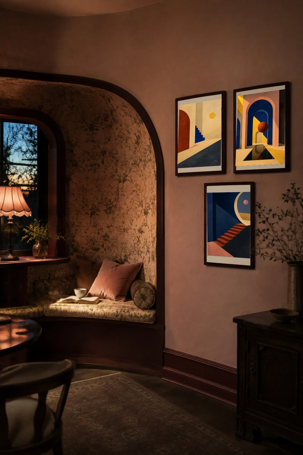 Digital styling study of the undistorted triptych in a shell-pink private salon with a curved floral reading niche