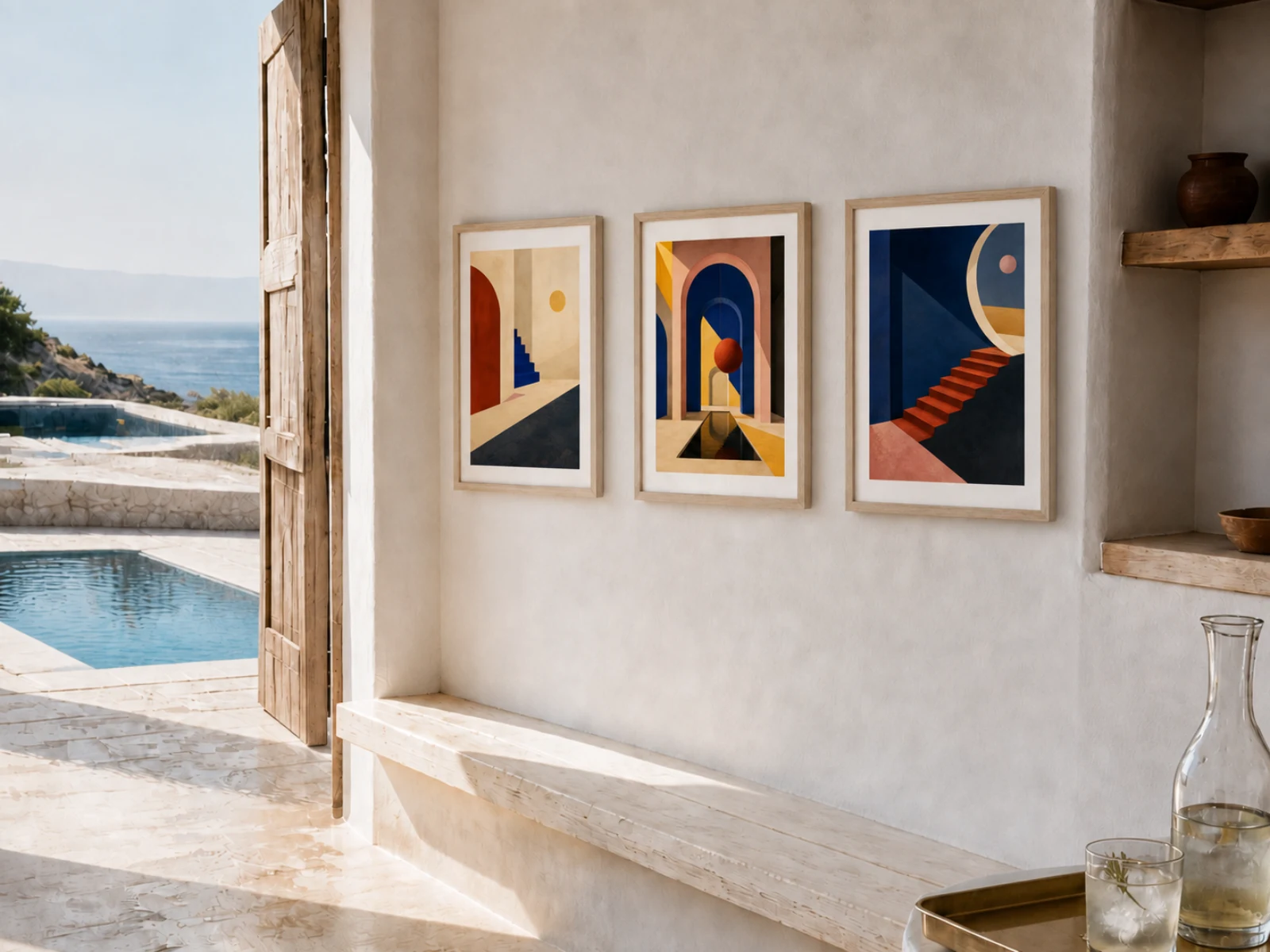 Digital placement mockup of Three Rooms of Light in pale wood frames on a white plaster wall beside a pool