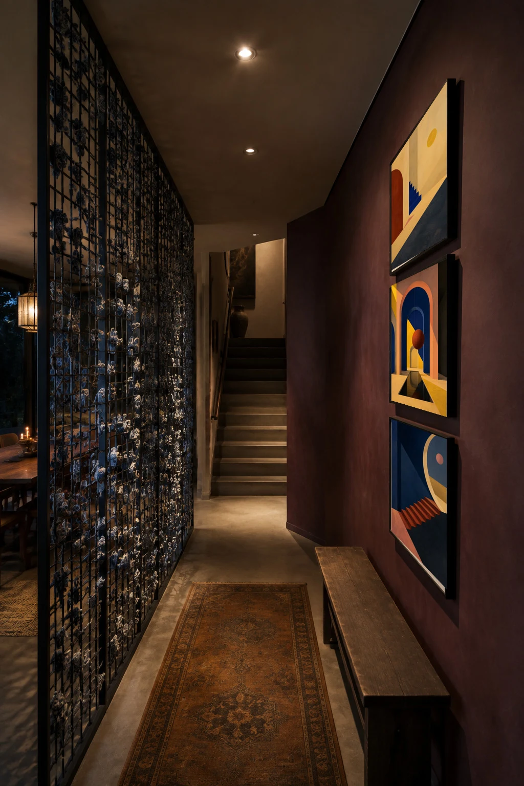 Digital styling study of the undistorted triptych stacked vertically along a plum hallway opposite a sculptural screen