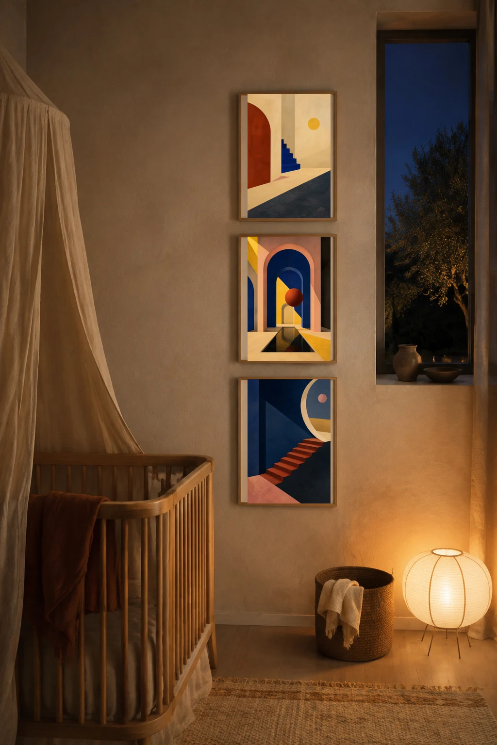 Digital styling study of the undistorted triptych stacked vertically beside a crib in a softly lit nursery