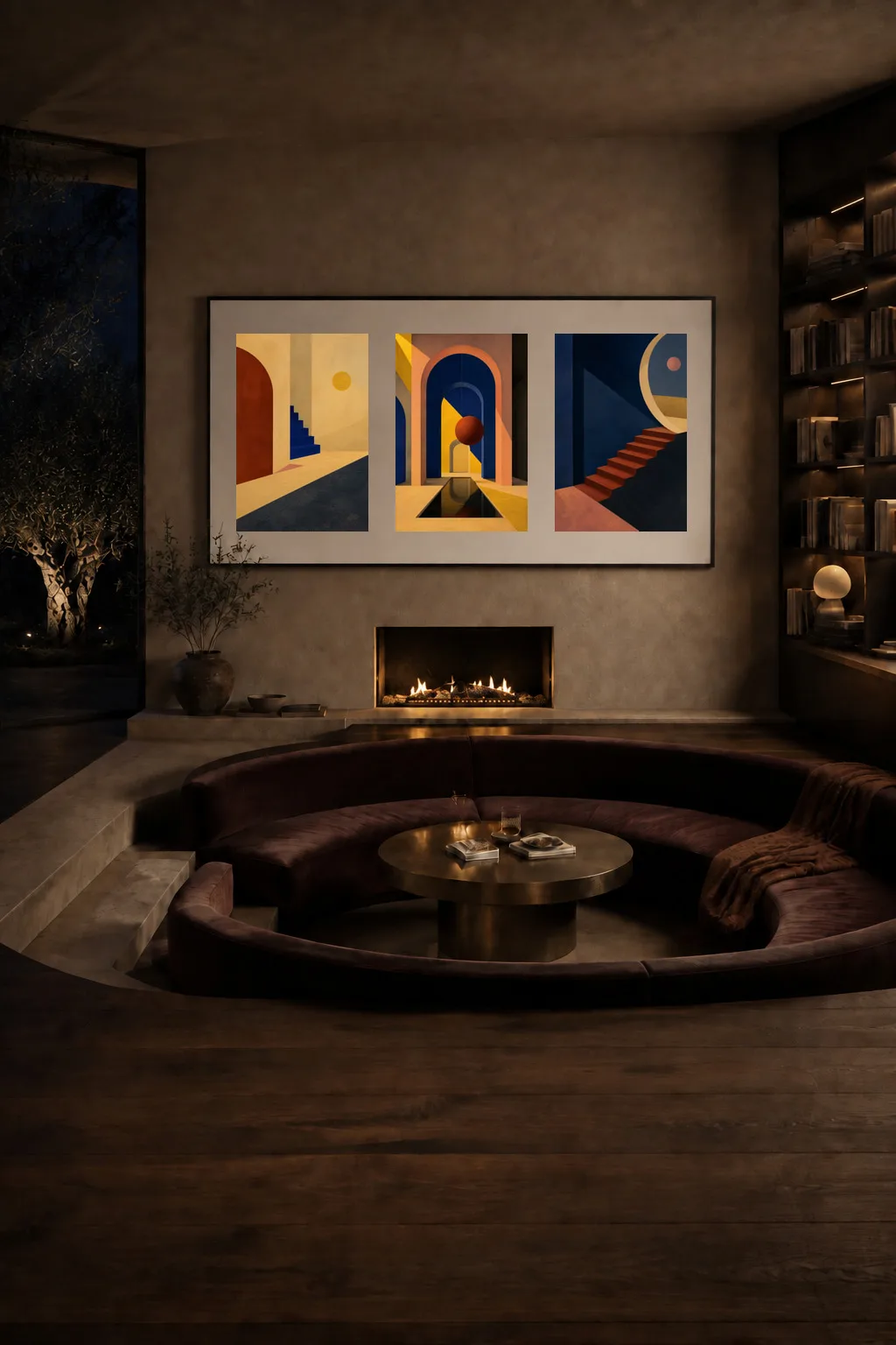 Digital custom-framing study showing the exact three artworks in one wide frame with three fitted openings above a rounded sunken living room