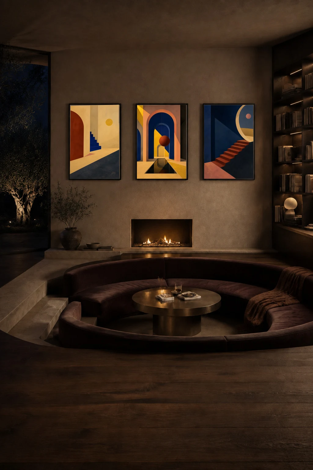 Digital styling study showing the undistorted Three Rooms of Light triptych above a fireplace in a rounded aubergine sunken living room at night